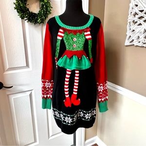 ⭐️ Ugly Christmas Sweater Tunic Girl Elf w/ Tutu and Long Legs Size LARGE